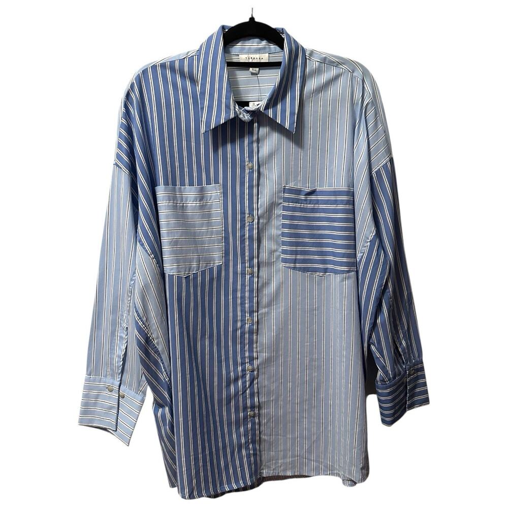 Topshop Womens Striped Colorblock Oversized Button Down Shirt 12 Blue Preppy NEW